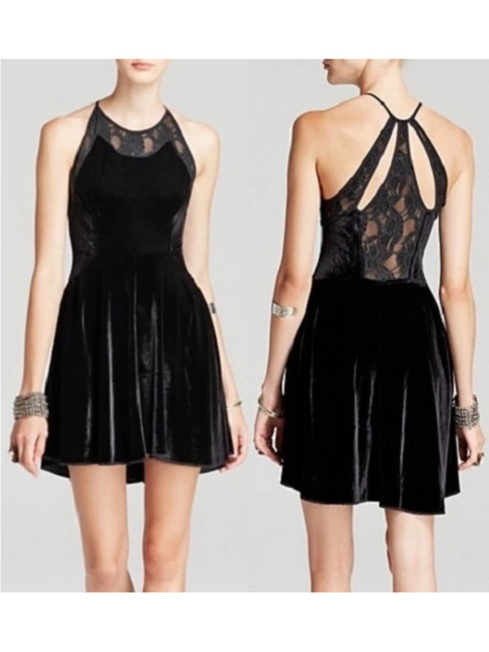 Free People Nightshade Velvet Lace Strappy Halter Skater Dress Black Size Medium